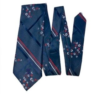 Vintage polyester wide tie, navy blue with small flowers in white/red & stripes